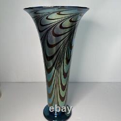 Rick Strini Blue Luster &Purple Iridescent Hand Blown Pulled Art Glass Vase 1998