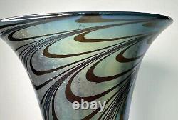 Rick Strini Blue Luster &Purple Iridescent Hand Blown Pulled Art Glass Vase 1998