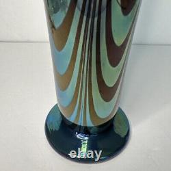 Rick Strini Blue Luster &Purple Iridescent Hand Blown Pulled Art Glass Vase 1998