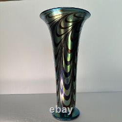 Rick Strini Blue Luster &Purple Iridescent Hand Blown Pulled Art Glass Vase 1998