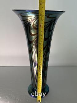 Rick Strini Blue Luster &Purple Iridescent Hand Blown Pulled Art Glass Vase 1998