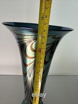 Rick Strini Blue Luster &Purple Iridescent Hand Blown Pulled Art Glass Vase 1998