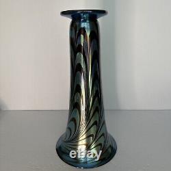 Rick Strini Blue Luster &Purple Iridescent Hand Blown Pulled Art Glass Vase 1998