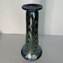 Rick Strini Blue Luster &Purple Iridescent Hand Blown Pulled Art Glass Vase 1998