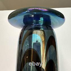 Rick Strini Blue Luster &Purple Iridescent Hand Blown Pulled Art Glass Vase 1998