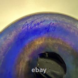 Rick Strini Blue Luster &Purple Iridescent Hand Blown Pulled Art Glass Vase 1998