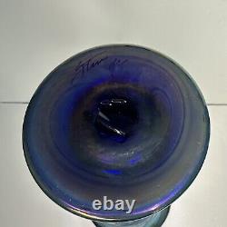 Rick Strini Blue Luster &Purple Iridescent Hand Blown Pulled Art Glass Vase 1998