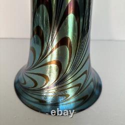 Rick Strini Blue Luster &Purple Iridescent Hand Blown Pulled Art Glass Vase 1998