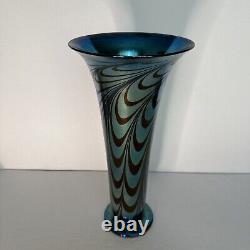 Rick Strini Blue Luster &Purple Iridescent Hand Blown Pulled Art Glass Vase 1998