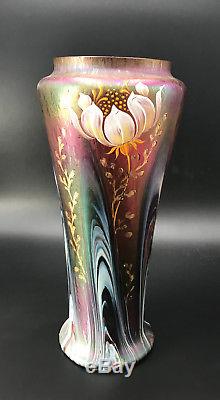 Rindskopf Pulled Feather Vase with enamel decor. 12 Tall. Loetz era. Circa 1900