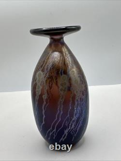 Robert Coleman Iridescent Purple Gold Blue Art Glass Vase Marked Vtg Abstract 5