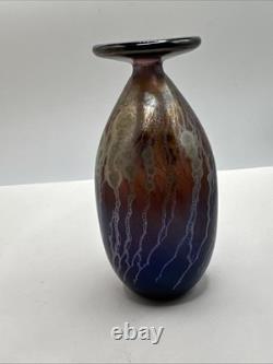 Robert Coleman Iridescent Purple Gold Blue Art Glass Vase Marked Vtg Abstract 5