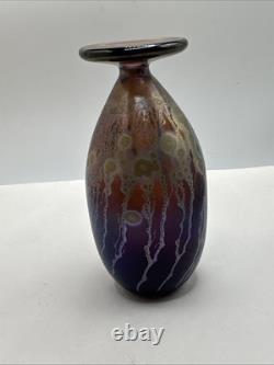 Robert Coleman Iridescent Purple Gold Blue Art Glass Vase Marked Vtg Abstract 5