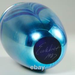 Robert Eickholt 1987 Iridescent Blue Art Glass Vase Hand Blown & Signed, 5.75