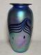 Robert Eickholt 1993 Art Glass 8 3/4 Iridescent Blue Pulled Feather Vase