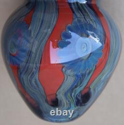 Robert Eickholt Art Glass Studio Flower Vase 6 Hand Blown Red & Blue Signed