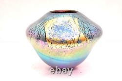 Robert Eickholt Glass Iridescent Art Vase Blown Glass Blue Gold Signed Vintage