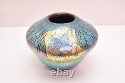 Robert Eickholt Glass Iridescent Art Vase Blown Glass Blue Gold Signed Vintage