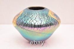 Robert Eickholt Glass Iridescent Art Vase Blown Glass Blue Gold Signed Vintage