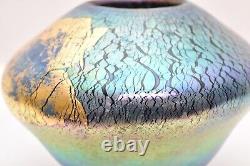 Robert Eickholt Glass Iridescent Art Vase Blown Glass Blue Gold Signed Vintage