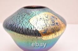 Robert Eickholt Glass Iridescent Art Vase Blown Glass Blue Gold Signed Vintage