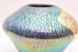 Robert Eickholt Glass Iridescent Art Vase Blown Glass Blue Gold Signed Vintage