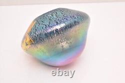 Robert Eickholt Glass Iridescent Art Vase Blown Glass Blue Gold Signed Vintage