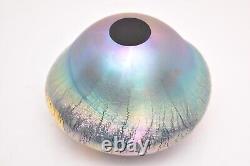 Robert Eickholt Glass Iridescent Art Vase Blown Glass Blue Gold Signed Vintage