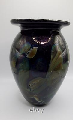 Robert Eickholt Vintage Blue Studio Art Glass Vase 2001 VLAG Signed 6.37 Tall