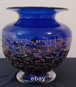 Robert HELD Cobalt Blue Gold Flecks and Decorative Art Glass Vase 7.25 Tall