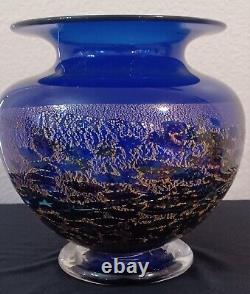 Robert HELD Cobalt Blue Gold Flecks and Decorative Art Glass Vase 7.25 Tall