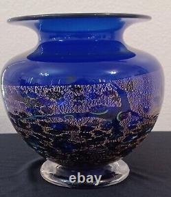 Robert HELD Cobalt Blue Gold Flecks and Decorative Art Glass Vase 7.25 Tall