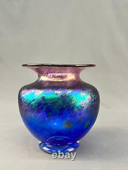 Robert Held Art Glass Blue Iridescent 7 1/2 Signed Vase MINT