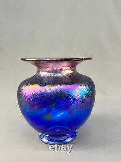 Robert Held Art Glass Blue Iridescent 7 1/2 Signed Vase MINT