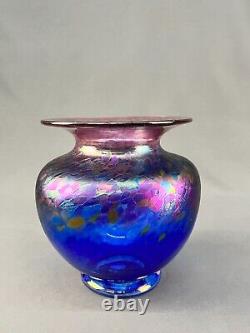 Robert Held Art Glass Blue Iridescent 7 1/2 Signed Vase MINT