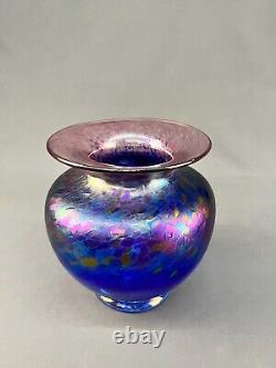 Robert Held Art Glass Blue Iridescent 7 1/2 Signed Vase MINT