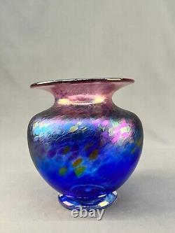 Robert Held Art Glass Blue Iridescent 7 1/2 Signed Vase MINT