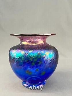 Robert Held Art Glass Blue Iridescent 7 1/2 Signed Vase MINT