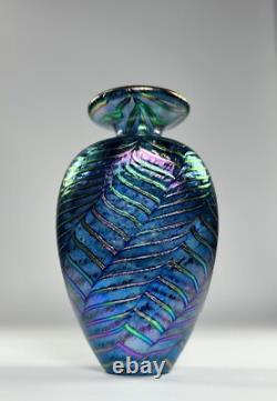 Robert Held Art Glass Hand Blown Bud Vase SIGNED Iridescent Blue Leaf Pattern
