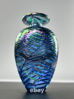 Robert Held Art Glass Hand Blown Bud Vase SIGNED Iridescent Blue Leaf Pattern