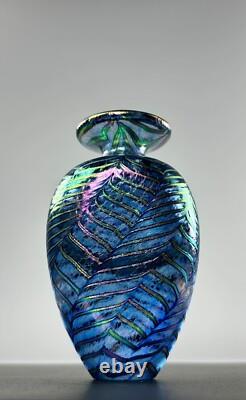 Robert Held Art Glass Hand Blown Bud Vase SIGNED Iridescent Blue Leaf Pattern