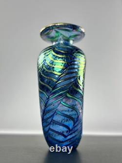 Robert Held Art Glass Hand Blown Bud Vase SIGNED Iridescent Blue Leaf Pattern