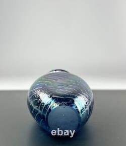 Robert Held Art Glass Hand Blown Bud Vase SIGNED Iridescent Blue Leaf Pattern