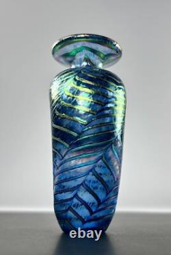 Robert Held Art Glass Hand Blown Bud Vase SIGNED Iridescent Blue Leaf Pattern