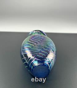 Robert Held Art Glass Hand Blown Bud Vase SIGNED Iridescent Blue Leaf Pattern