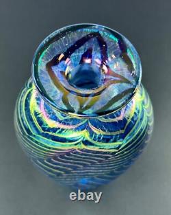 Robert Held Art Glass Hand Blown Bud Vase SIGNED Iridescent Blue Leaf Pattern