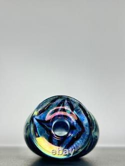 Robert Held Art Glass Hand Blown Bud Vase SIGNED Iridescent Blue Leaf Pattern