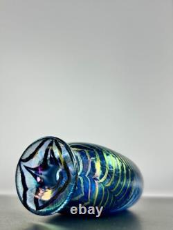 Robert Held Art Glass Hand Blown Bud Vase SIGNED Iridescent Blue Leaf Pattern