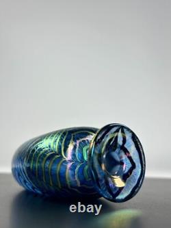 Robert Held Art Glass Hand Blown Bud Vase SIGNED Iridescent Blue Leaf Pattern
