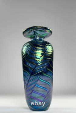 Robert Held Art Glass Hand Blown Bud Vase SIGNED Iridescent Blue Leaf Pattern